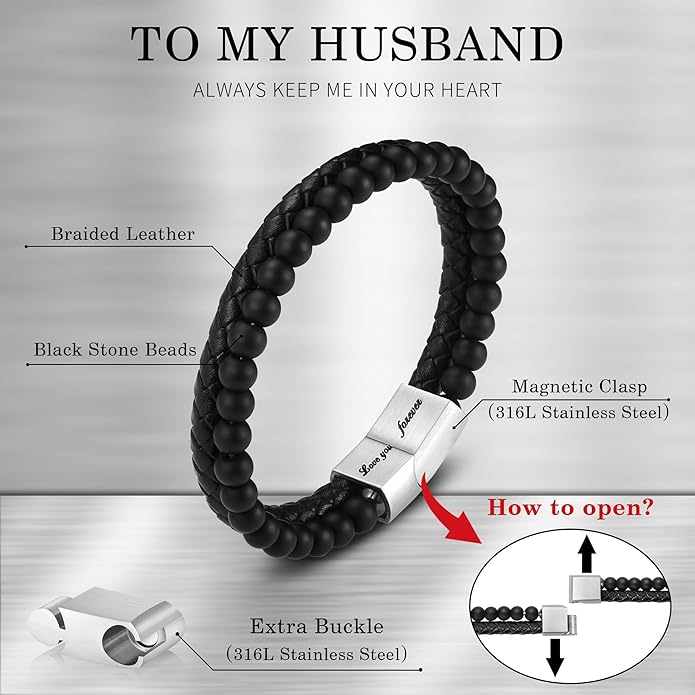 LUXEJEW Gifts for Men - Beaded Leather Bracelet 6mm Matte Agate Stone Bracelets for Men Dad Son Husband Boyfriend Grandpa Grandson Brother Uncle Nephew Adjustable Magnetic Clasp