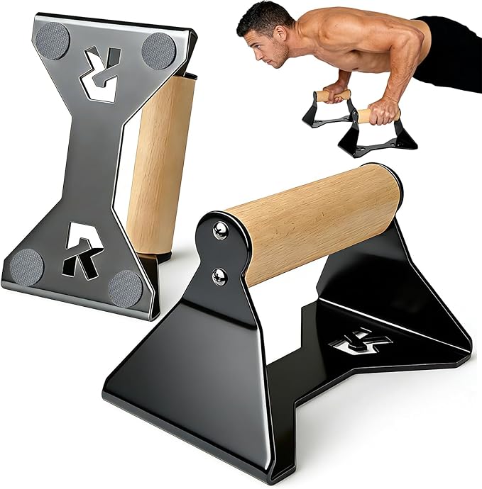 Rocalt Parallettes Push Up Handles - 550LBS Ergonomic Beech Wood Push Up Bars, Heavy Duty Steel Calisthenics Equipment for Home Gym, Anti-Slip Push Up Stands No Wrist Pain