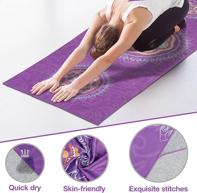 MoKo Yoga Towel, Non Slip Hot Yoga Mat Yoga Blanket Printing Pattern Quick Dry with Corner Pocket for Bikram, Pilates, Gym Workout, Outdoor Picnic, Purple Mandala