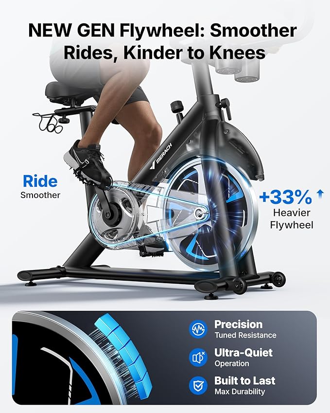 Merach Magnetic Exercise Bike, Low Noise Stationary Bike for Home with Comfortable Seat Cushion, Spinning Bike with 330 lb Weight Capacity, Exclusive App, Tablet Mount and Fitness Courses