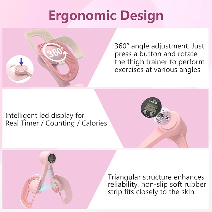 Thigh Trainer, 360°Adjustable Pelvic Floor Exercise Devices with LED Display, Inner Thigh Exerciser with 20LB Resistance Band for Women, Home Fitness Equipment for Hip, Leg, Arm, LightPink