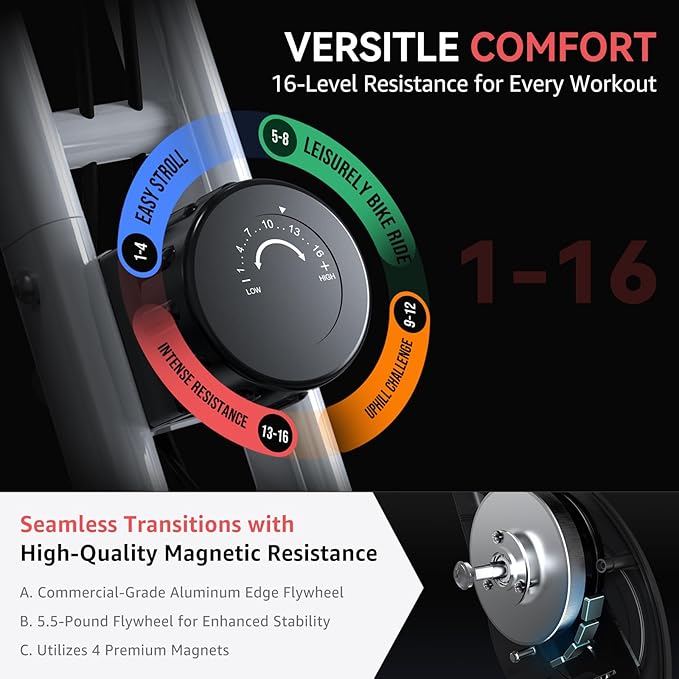 Indoor Exercise Bike Stationary Bikes for Home with 16-Level Magnetic Resistance, Lightweight Foldable Cycling Bike with 70% Pre-Assembled, 260 LBS Capacity, Flywheel of 5.5 LBS for Quiet Home Workout