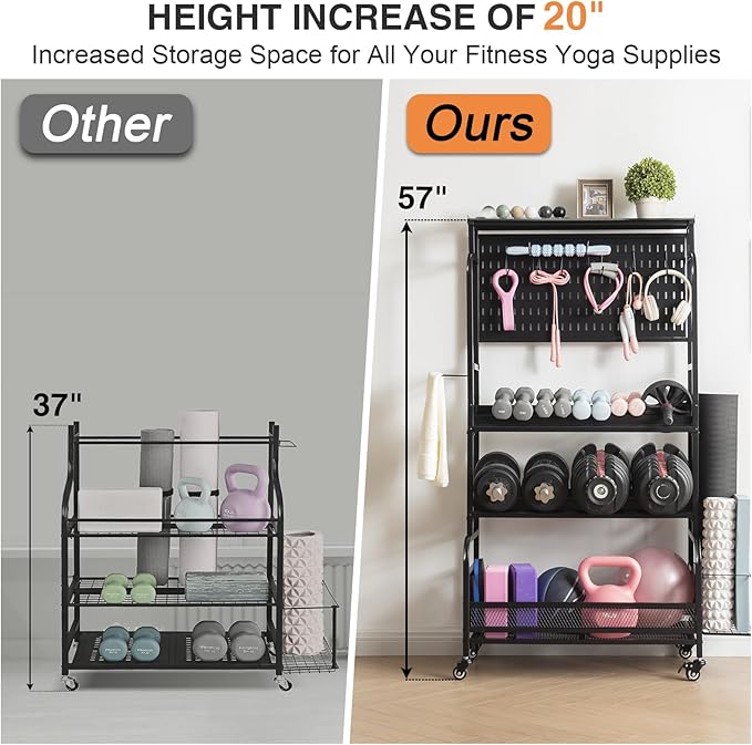 56'' Taller Home Gym Storage Organizer, Yoga Mat Storage Rack with Hanging Board, Exercise Workout Equipment Storage Stand for Home Gym, Dumbbell Holder Kettlebell Rack with Wheels and Hooks