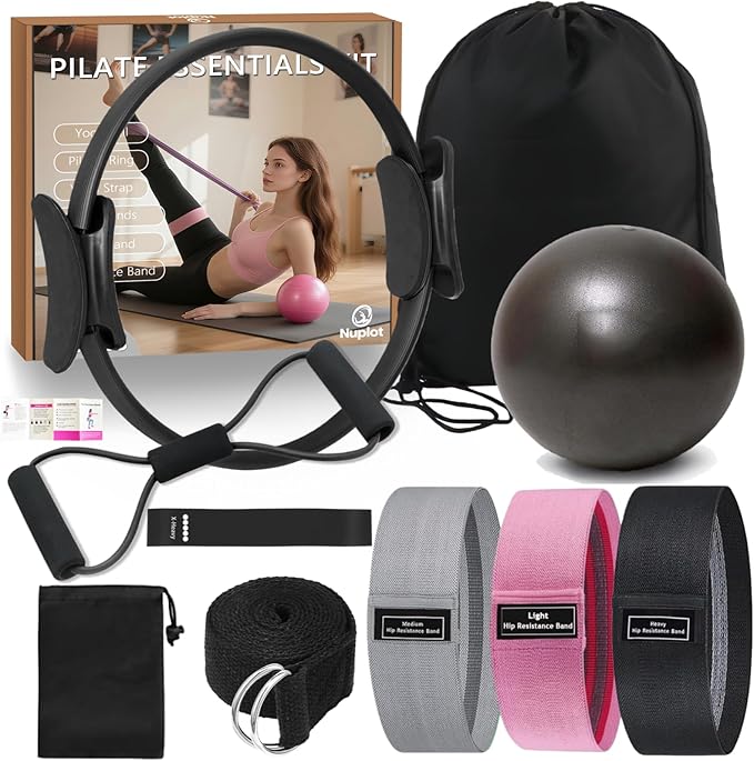 Pilates Equipment 15" Pilates Ring Plus, Pilates Kit for Home Workouts, Pilates Essentials Kit for Women with Pilates Ring and Ball Set, Booty Bands, Figure 8 Resistance Band, Yoga Band