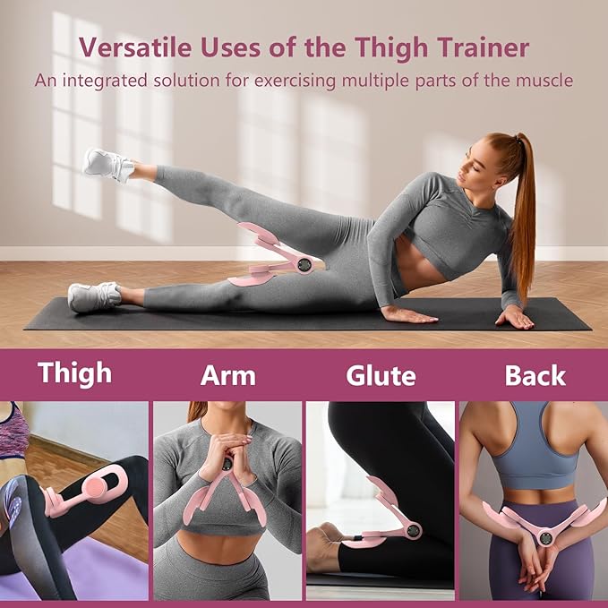 Thigh Trainer, 360°Adjustable Pelvic Floor Exercise Devices with LED Display, Inner Thigh Exerciser with 20LB Resistance Band for Women, Home Fitness Equipment for Hip, Leg, Arm, LightPink