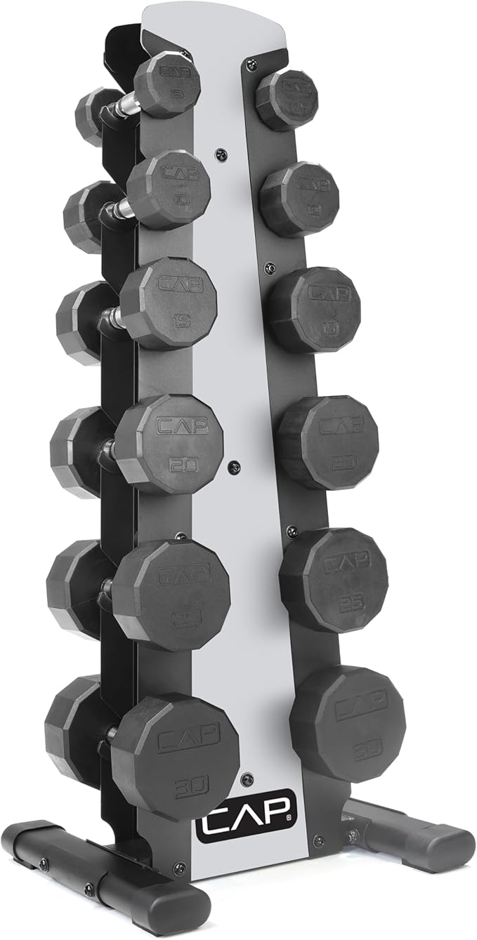 CAP Barbell Rubber Coated Dumbbell Weight Set with Vertical Rack | 100 lb, 150 lb, and 210 lb Options