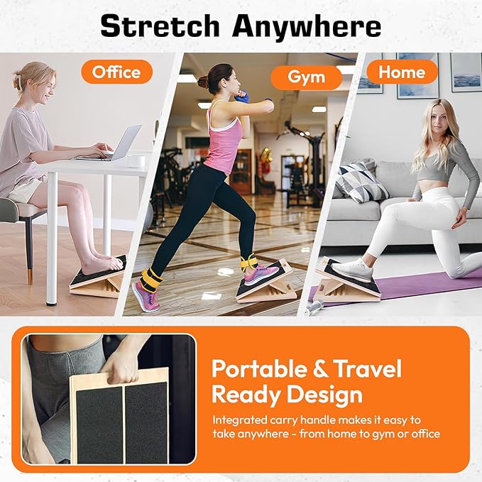 Adjustable Wooden Slant Board for Calf Stretching – Incline Wedge for Ankle,Heel,Knee & Leg Pain Relief – Squat Equipment for Physical Therapy & Home Gym-2 Extra Sand Papers,Carry Bag & Mini Loop Band