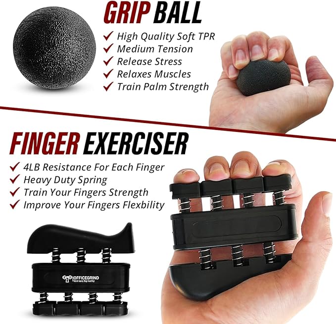 Hand Strength Kit With Finger Exerciser, Stretcher, Forearm Grip Adjustable Gripper, Exercise Ring and Stress Relief Ball for Athletes Muscle Trainer. Black
