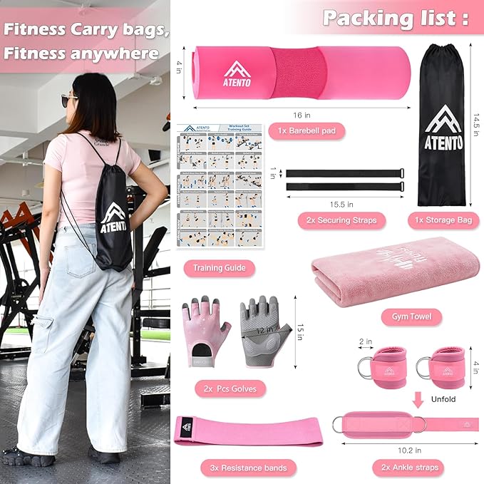 ATENTO 10Pcs Barbell Pad Set with Weight Lifting Belt, Thick Cushion Hip Thrust Pad for Bench Press, Lunges, Workout, Leg Exercise, Squat Bar Pad for Relief Pressure from Neck & Shoulder for Smith machine & Olympic Bars, with 2 Gym Ankle Straps, Hip Re...