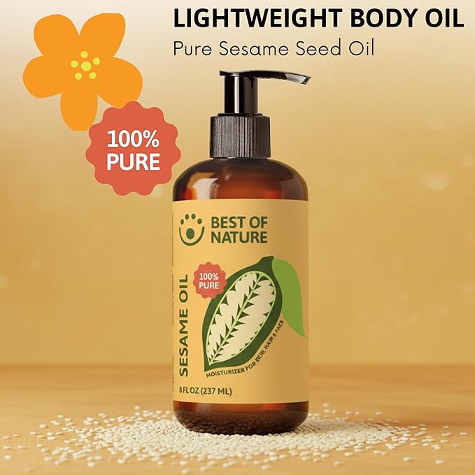 Best of Nature 100% Pure Sesame Natural Unscented Massage Oil, Deep Moisturizing Body & Skin Oil, Perfect Carrier Oil for Essential Oils, 8 fl oz