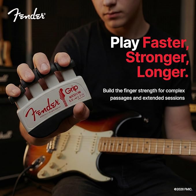 Fender GRIP Hand and Finger Exerciser – Best Ergonomic Finger Strengthener to improve play on all stringed instruments (Guitar, Bass, Violin, etc.) (Tensions: WHITE=5-Lbs; RED=7-Lbs; BLACK=9-Lbs)