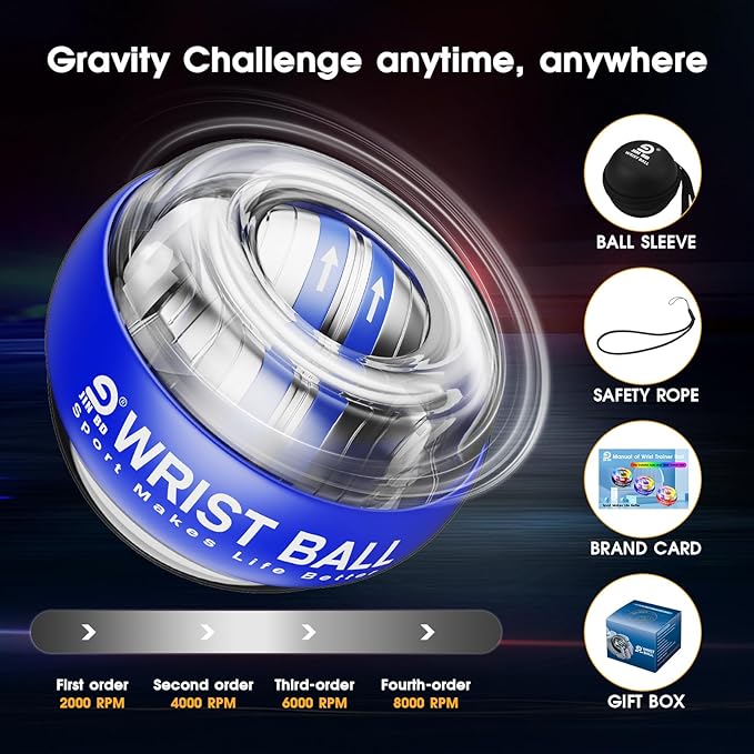 Auto-Start Gyro Ball Wrist Trainer, Gyroscopic Forearm Exerciser for Strengthening Arms, Fingers and Muscles (Blue No Light)