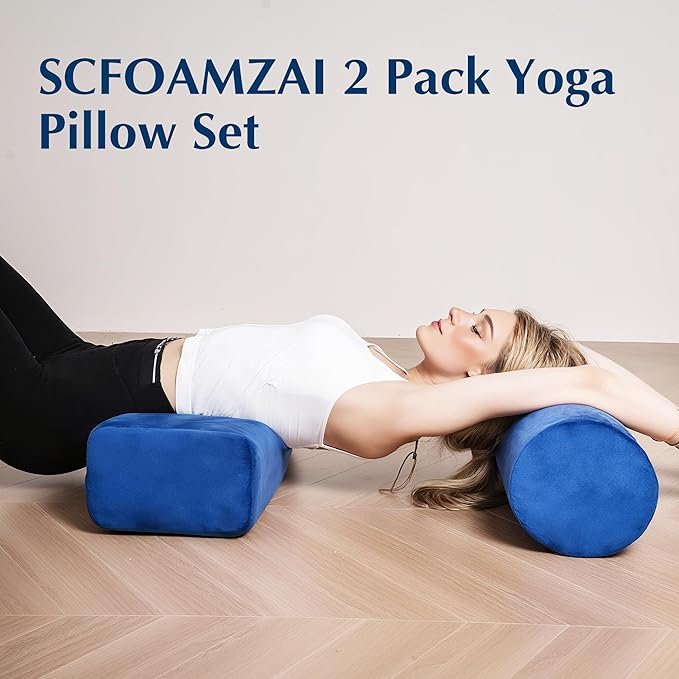 2-Pack Yoga Bolster Pillow Set: Rectangular & Cylinder Pillows for Meditation and Support, Yoga Pillows with Washable Velvet Cover, Triple-Layer Sponge with Carry Handle, Blue