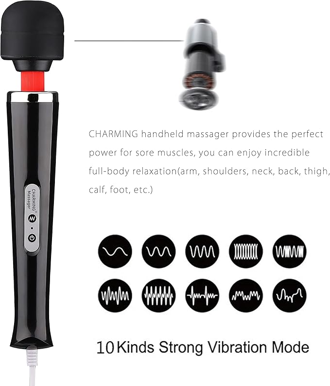 CHARMING Wired Powerful Handheld Massager with Strong 10 Vibrations Back Massage, Personal Therapy Massager for Sports Recovery, Muscle Aches, Full Body Pain (Black)