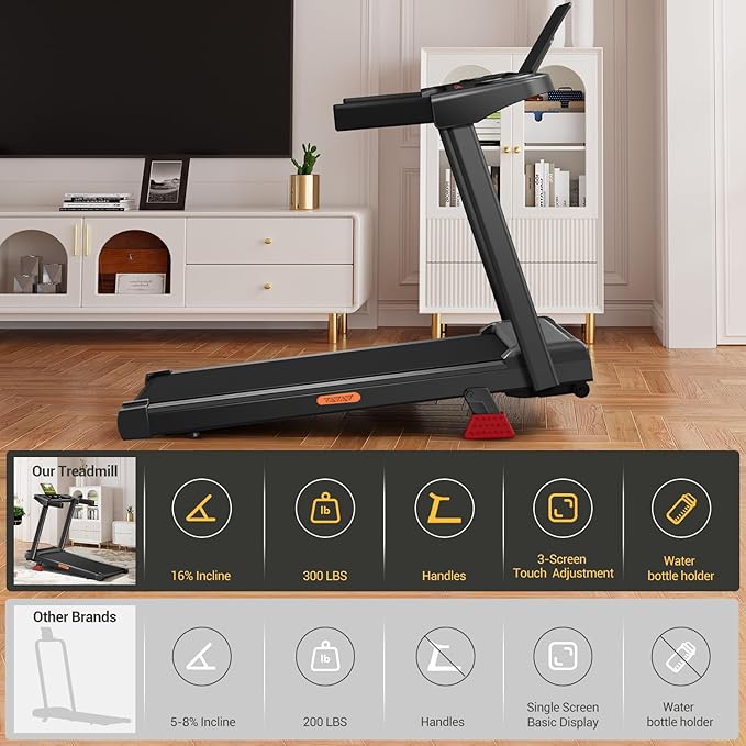 16% Incline Treadmill with Handle, 3-in-1 Portable Treadmills for Home and Office, Foldable Treadmills with 300 Lbs Weight Capacity, 3.0HP Quiet Walking Pad Treadmill, Three Screen