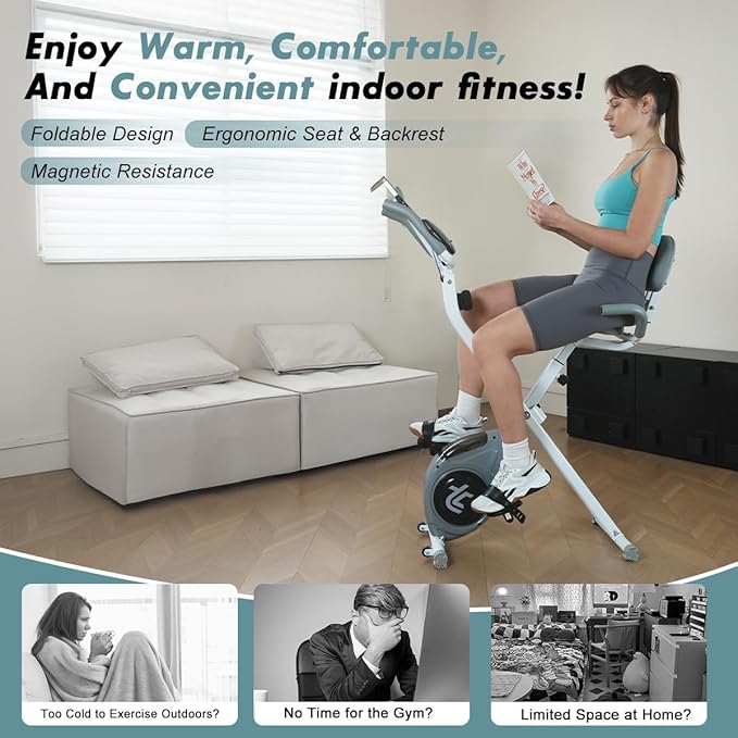 TOUSAINS Folding Exercise Bike - 8-Level Magnetic Stationary Bike with Pulse Rate, Large Tablet Holder & X-Bike Design, Compact Indoor Workout Bike for Home Gym, Seniors & Knee Recovery, 265lbs Weight Capacity