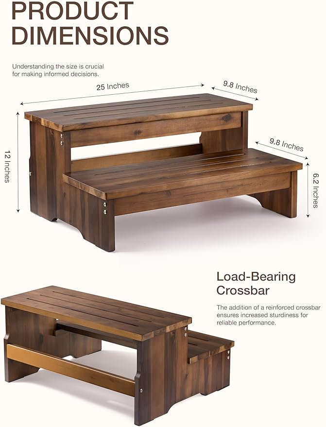 TINAMO 25" Acacia Bed Steps for High Beds for Adult 500LBS - 2-Step Wood Step Stool - Wooden Step Stool for Bed - Heavy Duty Hot Tub Steps & Hot Tub Stairs - Walnut Color (Patent Pending)