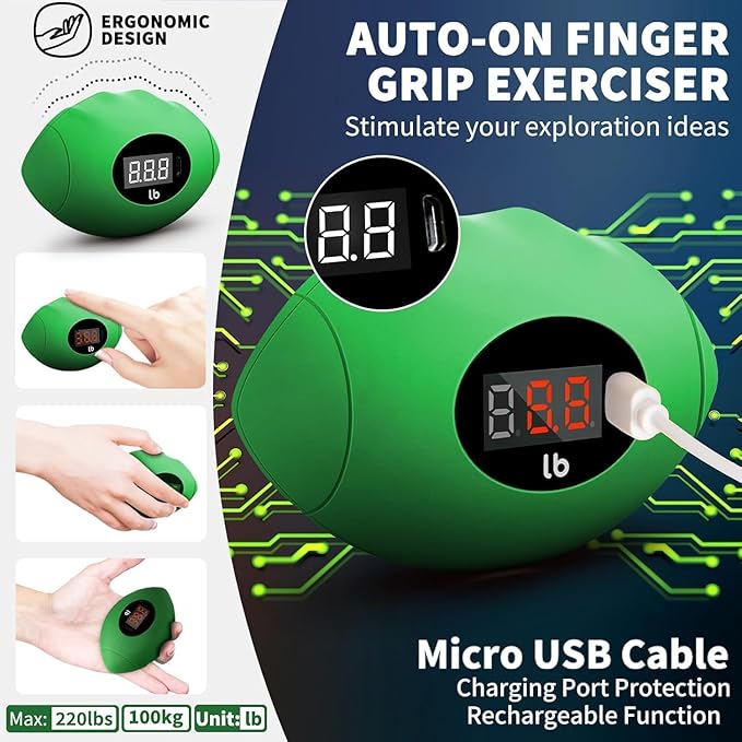 Hand Grip Strengthener, Rechargeable Digital Grip Strength Trainer with LCD Display Up to 220lbs/100kg, Silicone Hand Exercise Ball for Forearm Finger Training & Stress Relief, for Adults and Kids