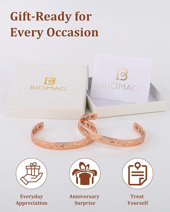BioMag 2 Pcs Magnetic Copper Bracelet for Women, 99.99% Pure Copper Cuff Bangle with 6 Pcs 3500 Gauss Magnets, Adjustable Size, Floral Vine Design