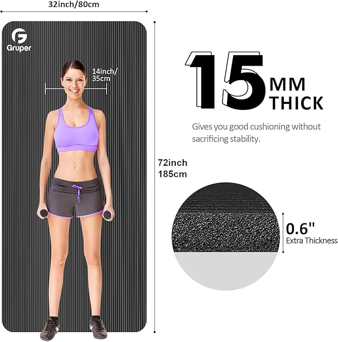 Gruper Yoga Mat Non Slip NBR Extra Thick Yoga Mat, 72"L x 32"/24"W x 0.6"/0.4"TH (185cm x 80cm/61cm x 15mm/10mm), Anti-Tear Exercise Mat with Carrying Strap and Bag, Workout Mats for Yoga, Pilates