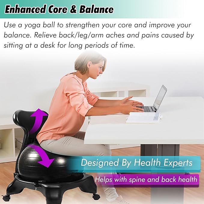 SRNSAEB Exercise Ball Chair with Back Support, Ergonomic Office Chair Yoga Ball to Pregnancy/Gym Goer/Back Pain People, Inflatable Stability Ball Chair with Pump/Wheels(Blue)