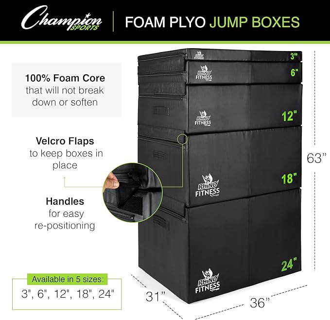 Champion Sports Foam Plyometric Box, Black - Durable Jump Boxes for Training with Handles, Hook and Loop Flaps - Stackable Plyo Box Jumps for Gym - Multiple Sizes