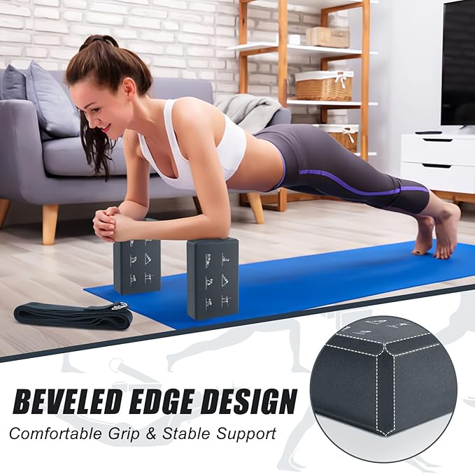 RETON Yoga Blocks Set with Straps, High Density Yoga Bricks, Lightweight EVA Foam Pilates Block, 2 Yoga Blocks with 2 Straps for Yoga, Pilates, Fitness, Stretching and Toning