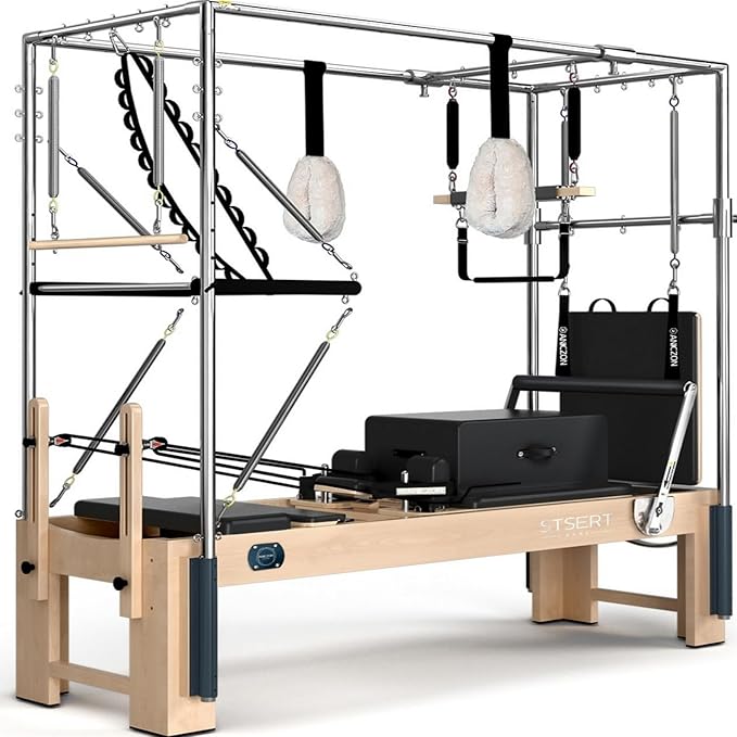 Pilates Reformer, Pilates Reformer Machine, Pilates Equipment for Home and Studio, Black Ultrafine Leather, Adjustable Resistance System