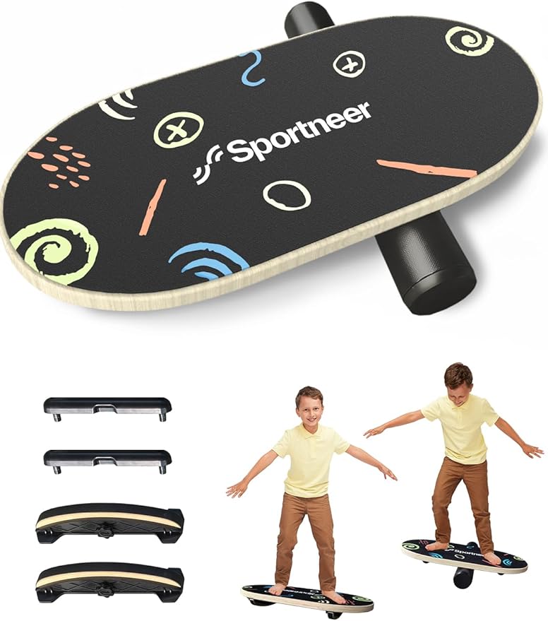 Sportneer Balance Board Kids Wooden Wobble Board for Kids, Safe and Sturdy Balance Trainer, Kids Balance Board for 3-5 6-12 (With Semi-circular Wobble Blocks)