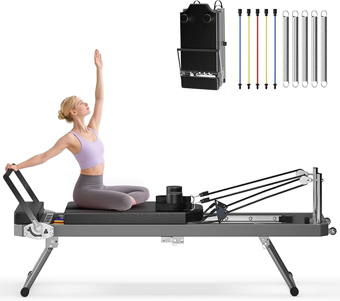 SogesHome Foldable Pilates Reformer Machine for Home Gym, Compact Fitness Reformer with Resistance Springs, Full Body Workout Equipment for Core Strength, Flexibility, Weight Loss, Stability