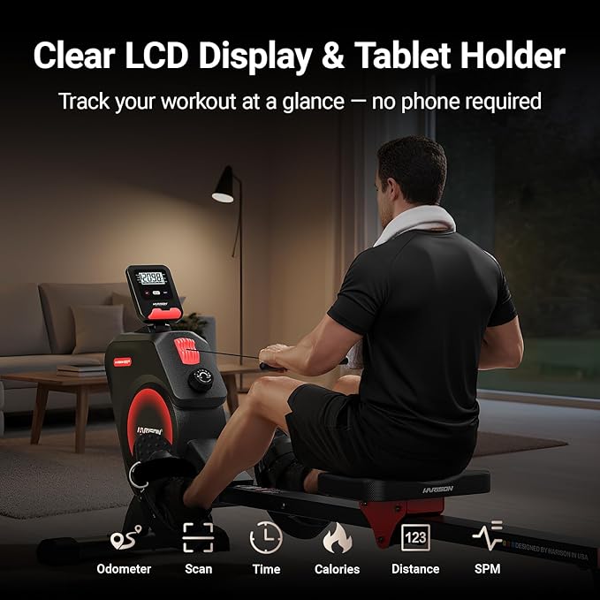 HARISON Magnetic Rowing Machine for Home Use, Quiet Indoor Rower & Home Fitness Exercise Equipment with Adjustable Resistance, App Compatible LCD Monitor