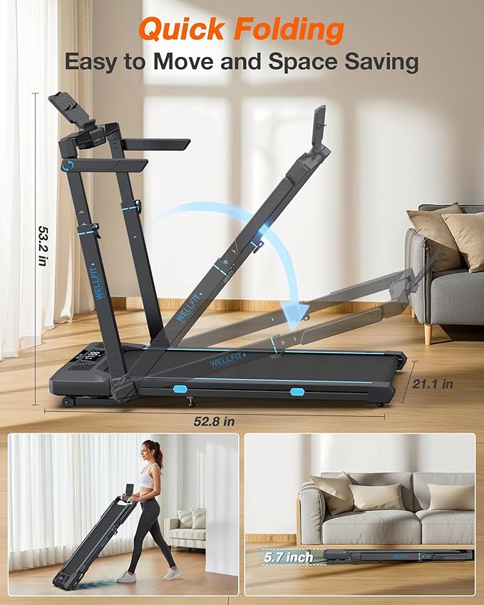 WELLFIT Treadmill with Auto Incline, 4 in 1 Foldable Treadmills for Home with Adjustable Height, 3.5HP Quiet Under Desk Treadmill, 350 LBS Capacity Portable Walking Pad with App, Space-Saving Design