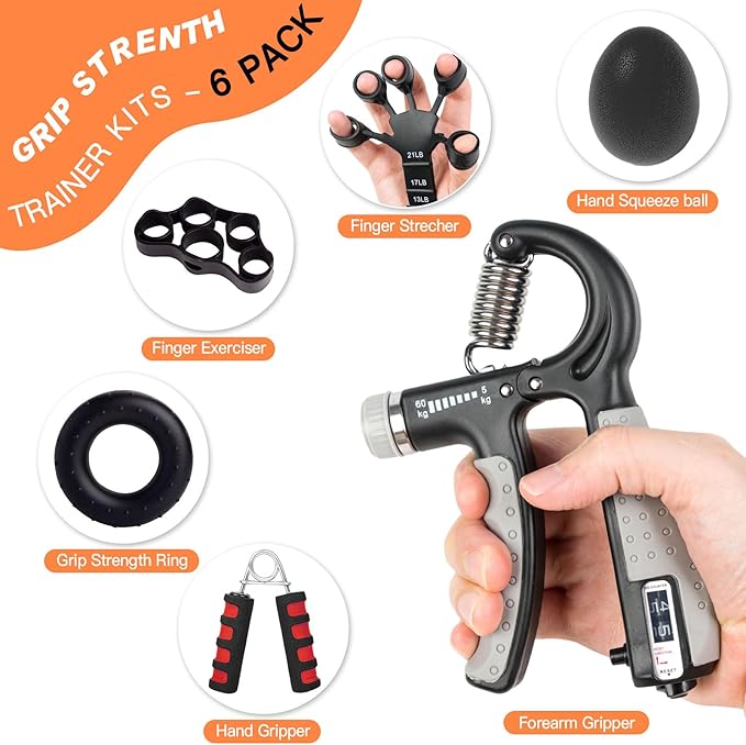 CYFIE Grip Strength Trainer Kit, Adjustable Hand Gripper Strengthener, Forearm Strengthener & Finger Exerciser Set with Finger Stretcher, Stress Ball & Grip Ring for Athletes, Rock Climbing & Rehab