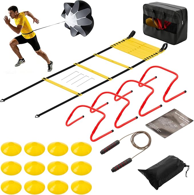 OLIXIS Soccer Agility Training Equipment Set- 20 ft Speed Ladder, 12 Soccer Cones, 4 Agility Hurdles, Jump Rope, Resistance Parachute Speed Training Equipment for Kids, Youth, Adults