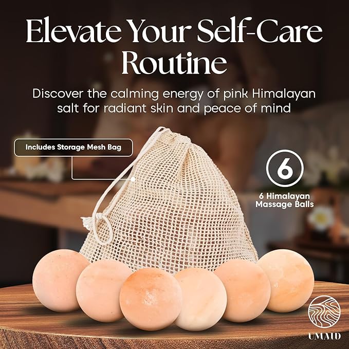 UMAID Himalayan Salt Massage Balls 6-Pack with Cotton Mesh Bag, Natural Therapy Stones for Hot & Cold Muscle Relief, Relaxation & Spa Massage, Warm in Microwave or Chill in Freezer