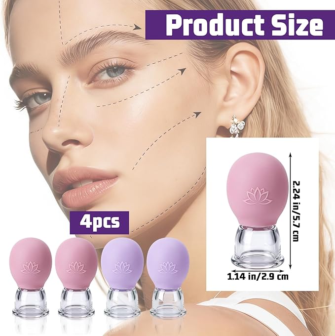 4 Pcs Facial Cupping Therapy Set, Silicone Face Cupping Kit for Massage, Anti Cellulite Cup Massage Tool Vacuum Suction Cup for Eye Face Vacuum Massager