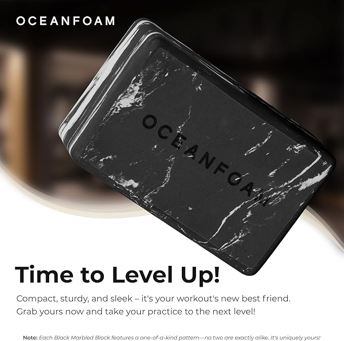Oceanfoam Workout Block - High-Density Foam Exercise Block, Lightweight, Non-Slip for Stability & Support in Pilates, Yoga, Stretching & More - Algae-based EVA Foam, 9"x6"x4" (Black Marbled)