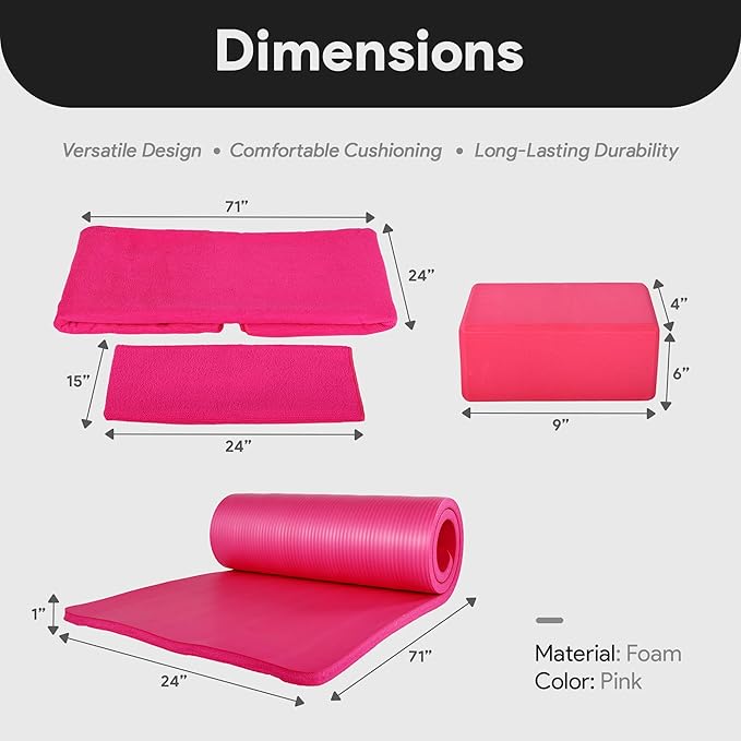 BalanceFrom 7-Piece Yoga Set with 71x24x1 Inches Extra Thick Mat and Carrying Sling – Includes 2 Blocks, Stretch Strap, 2 Towels, and Knee Pad for Home, Studio, and Gym Workouts