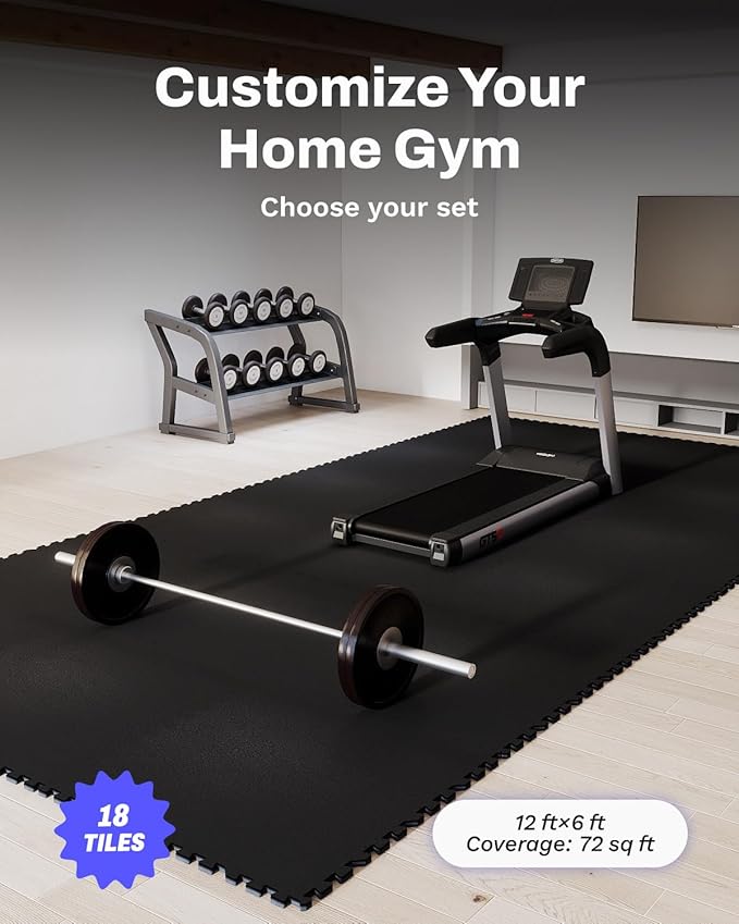AIRHOP 0.79in Thick 72 Sq Ft Exercise Equipment Mats, 18 Tiles Upgraded Rubber Top with High Density EVA Foam, Large Interlocking Puzzle Gym Flooring for Home Gym, Heavy Weight Workout,Black