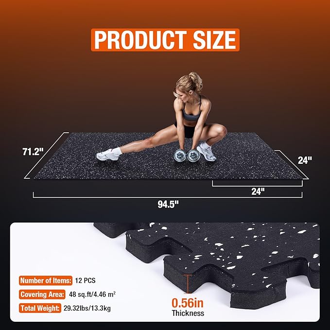 FAHKNS Gym Mat, 0.56'' Thick Exercise Equipment Mats,12 Pcs 48 Sq Ft Rubber Top Floor Tiles, EVA Foam Exercise Mat Tiles - Durable, Non-Slip, Interlocking Mat, Gym Flooring for Home Gym