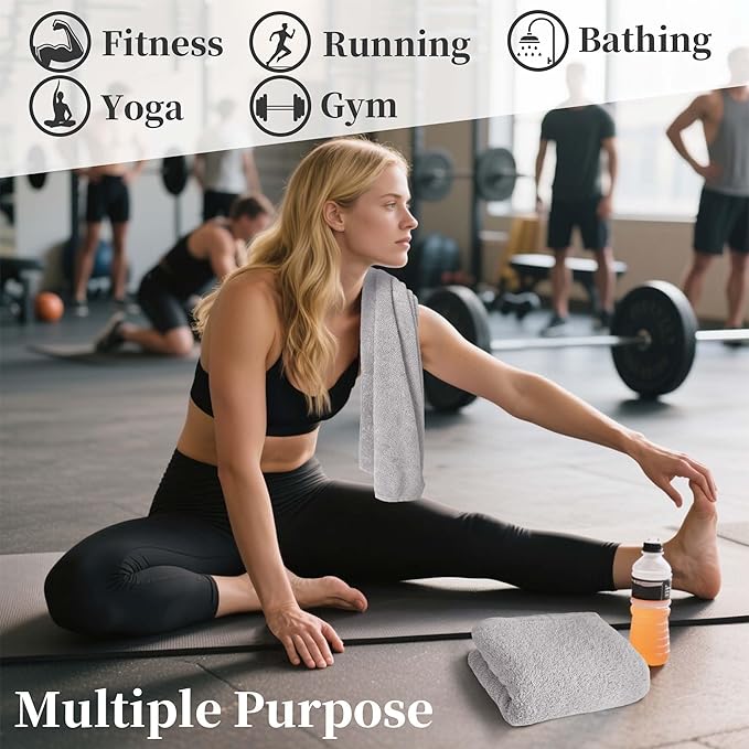 Gray Workout Towels for Gym (2PC, 13"x43") - 100% Cotton, Breathable, Soft & Absorb - Sweat Towel for Men & Women, Sports Hand Towel for Yoga, Shower, Tennis, Running, Exercise & Fitness