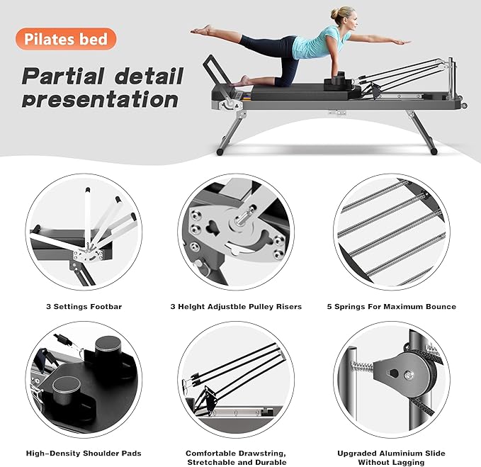 SogesHome Foldable Pilates Reformer Machine for Home Gym, Compact Fitness Reformer with Resistance Springs, Full Body Workout Equipment for Core Strength, Flexibility, Weight Loss, Stability