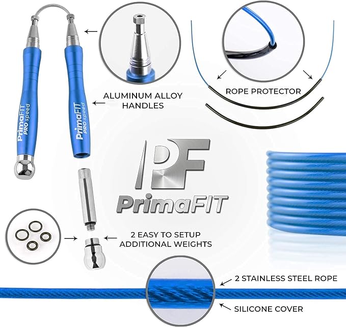 PrimaFIT Jump Rope Pro Speed Skipping Rope Adjustable Adult Jumping Rope Weighted Aluminium Handles for Double Dutch Boxing Workout Crossfit Exercise Fitness Spare Cable Weights Protectors Carry Bag