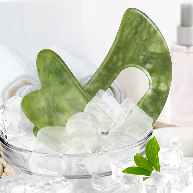 2 PCS Jade Stone Gua Sha Massage Tool Set Body GuaSha Tool with Handle Muscle Scraping Massage Tools Facial Anti Cellulite Spa Acupuncture Tools for Massage, Lymphatic Drainage Valentine's Day Gifts