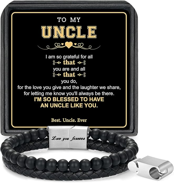 LUXEJEW Gifts for Men - Beaded Leather Bracelet 6mm Matte Agate Stone Bracelets for Men Dad Son Husband Boyfriend Grandpa Grandson Brother Uncle Nephew Adjustable Magnetic Clasp