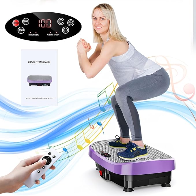 Vibration Plate Exercise Machine for Whole Body Workout, Vibrating Platform for Fast Weight Loss, Lymphatic Drainage & Pain Relief, Home Fitness Equipment with LED Touch Screen Pull Cord, Purple