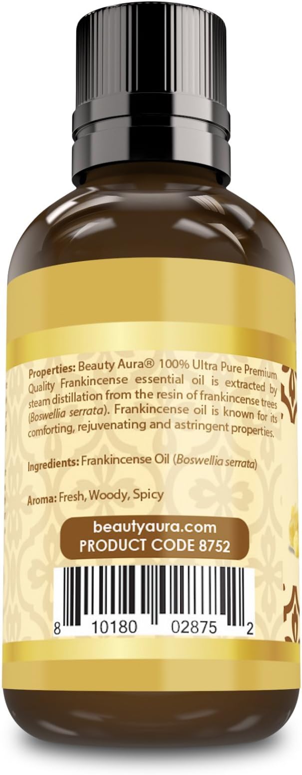 Beauty Aura Premium Collection Ultra Pure Frankincense Essential Oil - 1 Oz Bottle - Steam Distilled from Sacred Boswellia Tree Resin - Use for Beauty Care, Massages & More