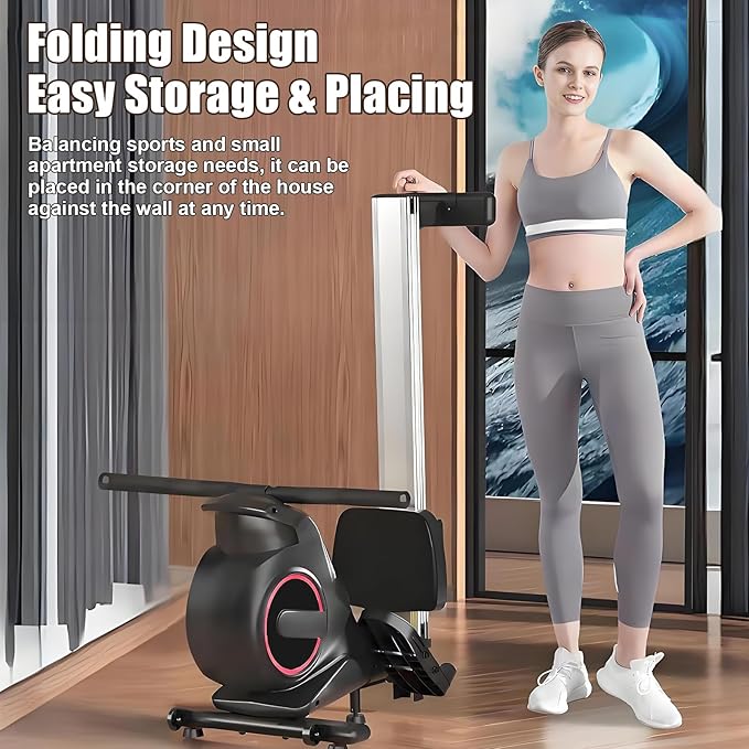 Rowing Machine, Magnetic Resistance Foldable Rower for Home Gym, Quiet Indoor Exercise Equipment with LCD Monitor, Adjustable Resistance Levels, Compact Design for Full Body Workout Black
