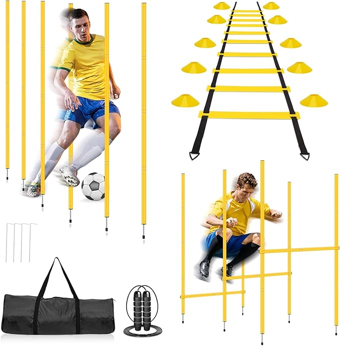 Agility Training Set: 3 Adjustable Speed Hurdles, 6 Agility Poles, 1 Agility Ladder, 12 Soccer Cones & Jump Rope, Multi-Function Soccer Training Equipment for Athletes, Amateurs, Youth