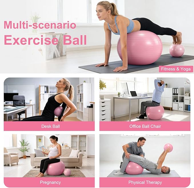 4Pcs Yoga Ball Set includes Large and 9in Pilates Balls, Massage & Spiky Ball for Fitness ,Anti-Burst Exercise Ball with Pumb for Pregnancy,Physical Therapy,Office Chair, Home Workout,3Sizes,3Colors